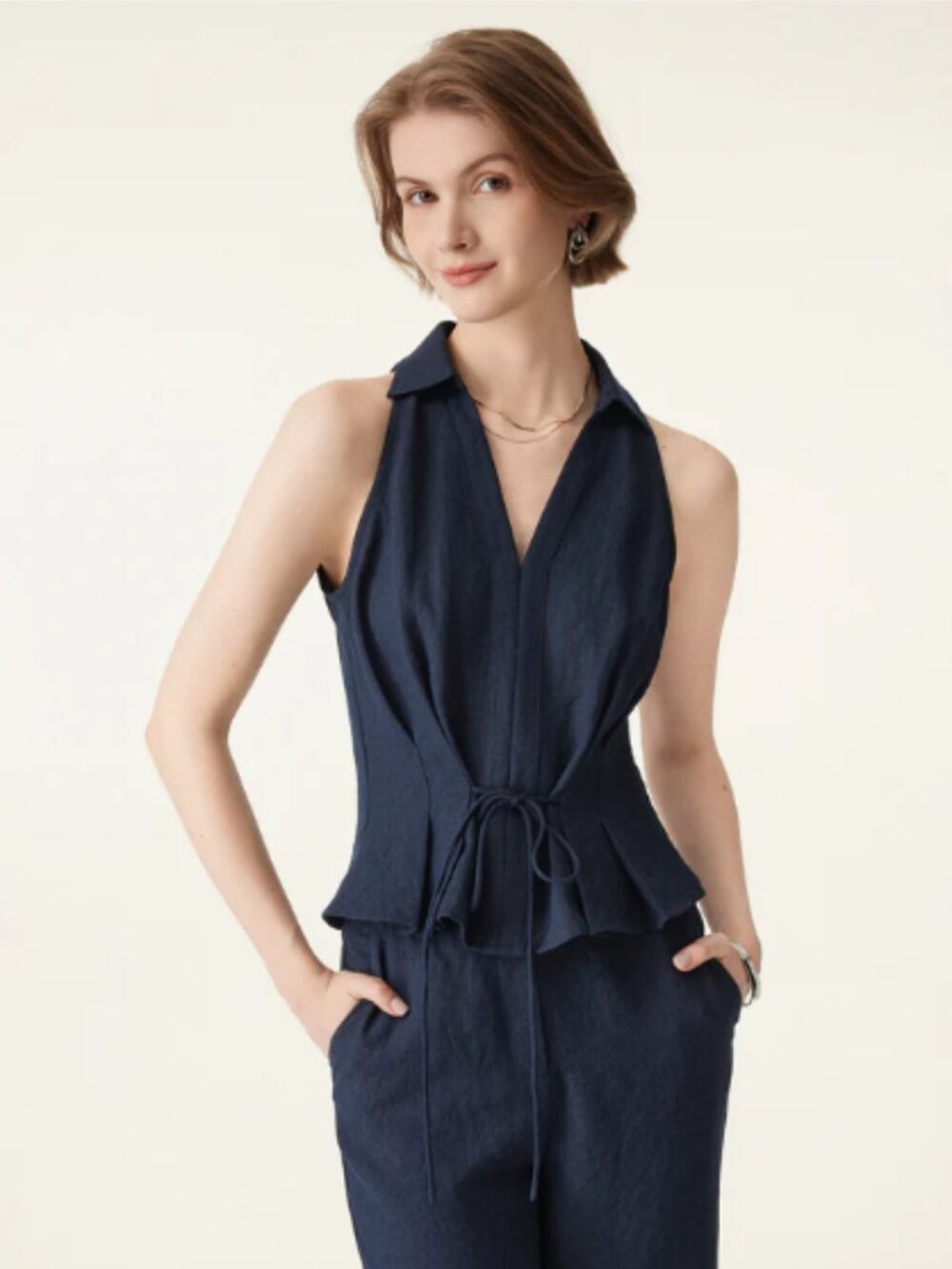 OGL Collared V-neck Pleated Sleeveless Top with Drawstring